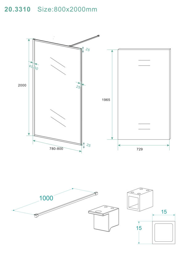 Square inloopdouche 800 x 2000 x 10 mm nano helder glas/mat zwart - Afbeelding 5