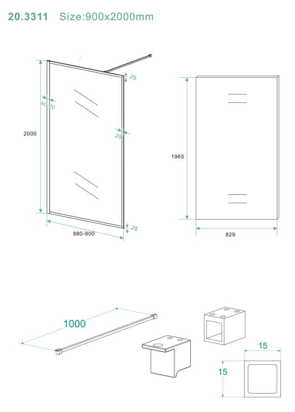 Square inloopdouche 900 x 2000 x 10 mm nano helder glas/mat zwart - Afbeelding 5