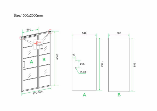 Horizon nisdeur met vast deel en raster 1000 x 2000 x 8mm nano helder glas/mat zwart - Afbeelding 3