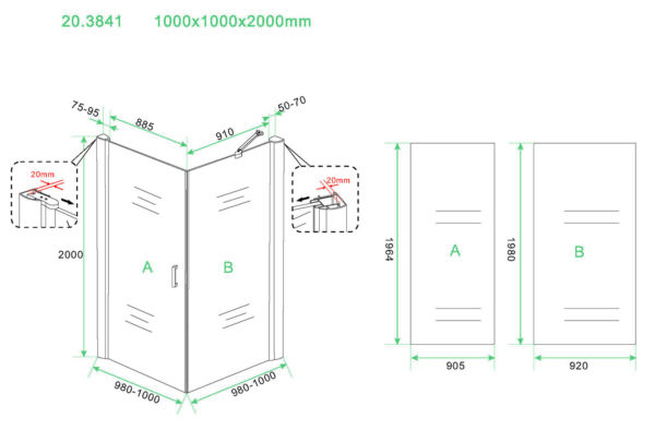 Uni douchecabine draaideur met zijwand 100x100 cm chroom met helder glas 8mm NANO - Afbeelding 5