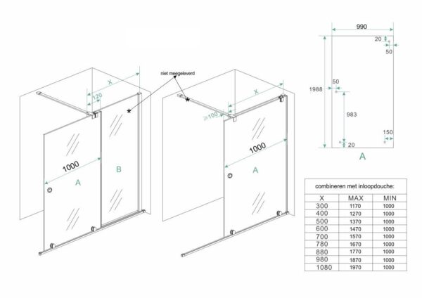 verleng-inloopdouche 1000x2000 op rail 10mm NANO - Afbeelding 5
