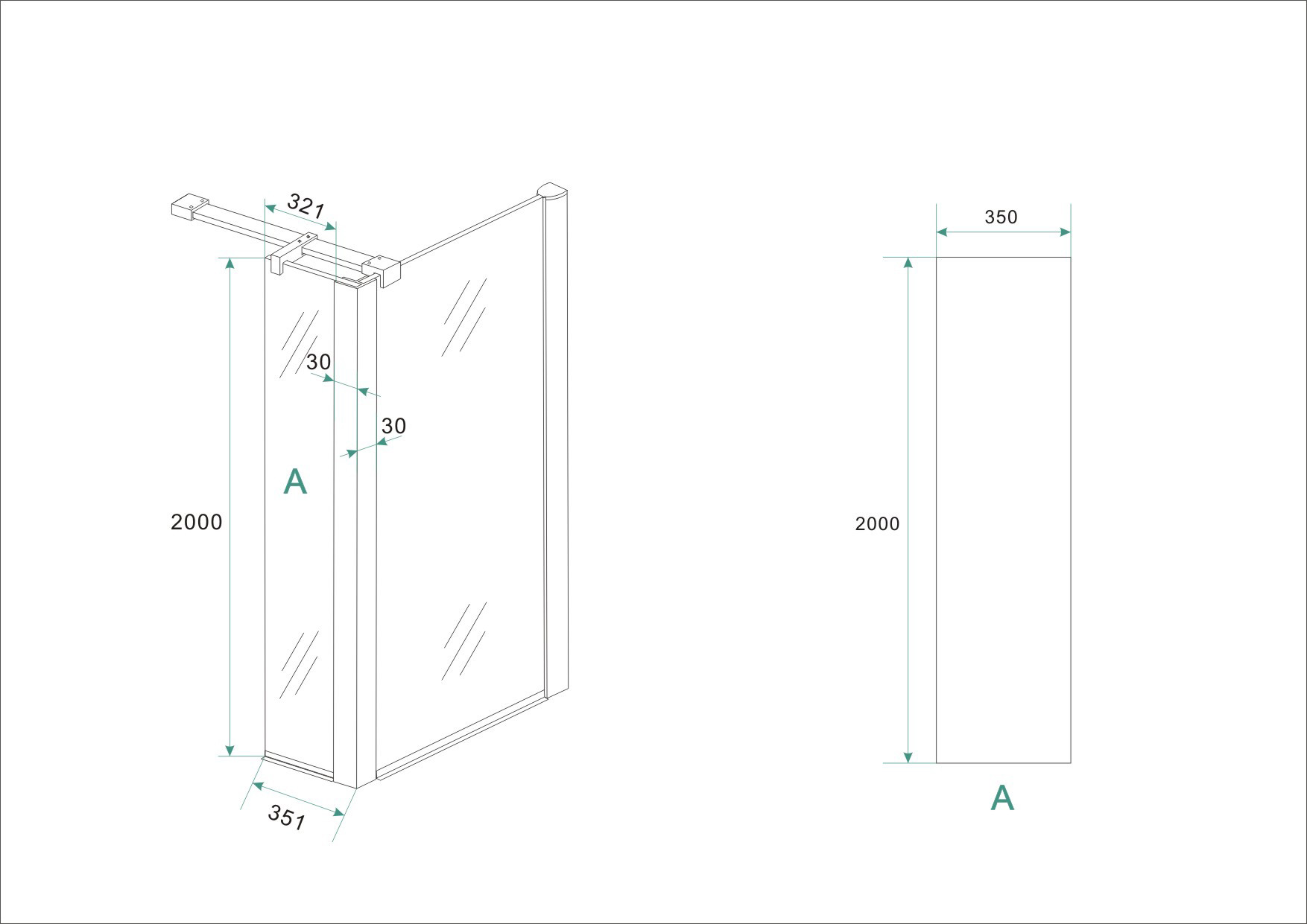 Zijpaneel 35 x 200 cm met hoekprofiel voor inloopdouche chroom met 10 mm NANO geheel matglas - Afbeelding 3