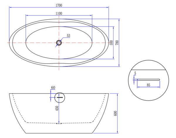Oval vrijstaand ligbad 170 x 78 cm acryl mat wit met waste mat wit - Afbeelding 5