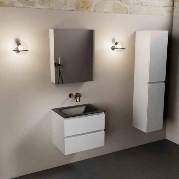 MONDIAZ AIVY 60cm badmeubel Talc, wastafel Urban solid surface midden zonder kraangat met spiegelkast - Afbeelding 2