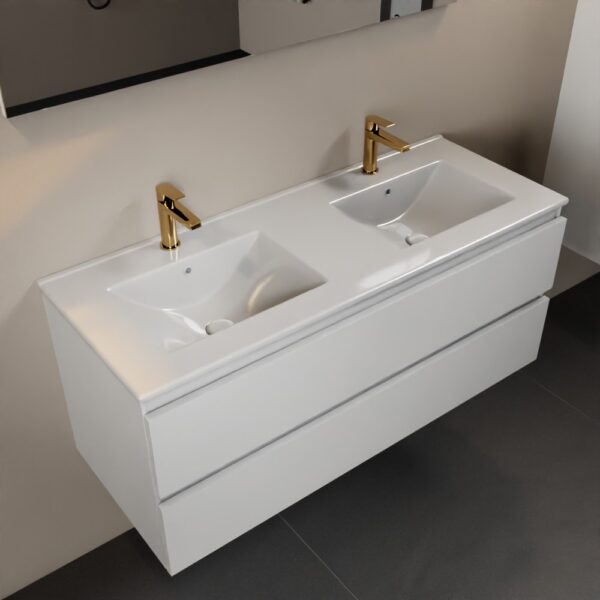 MONDIAZ AIVY 120cm badmeubel Talc, wastafel glanzend wit keramiek dubbel 2 kraangaten met spiegel
