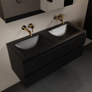 MONDIAZ AIVY 120cm badmeubel Urban, wastafel Urban solid surface dubbel zonder kraangat met spiegelkast